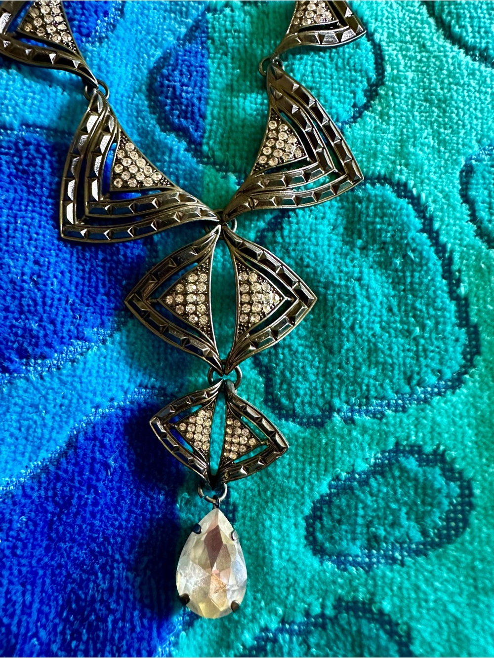 Elegant Black and Silver Statement Necklace cleavage hanging